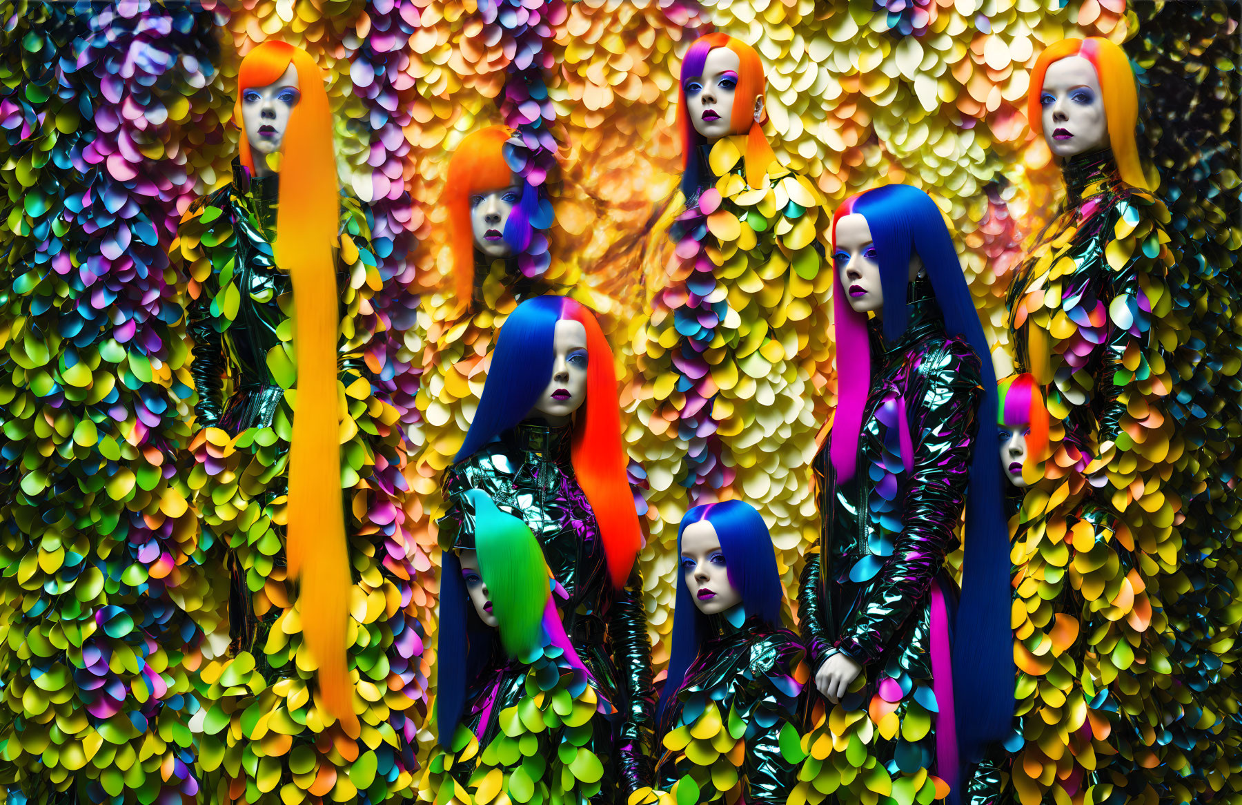 Colorful Mannequins with Blue and Purple Hair on Sequined Background