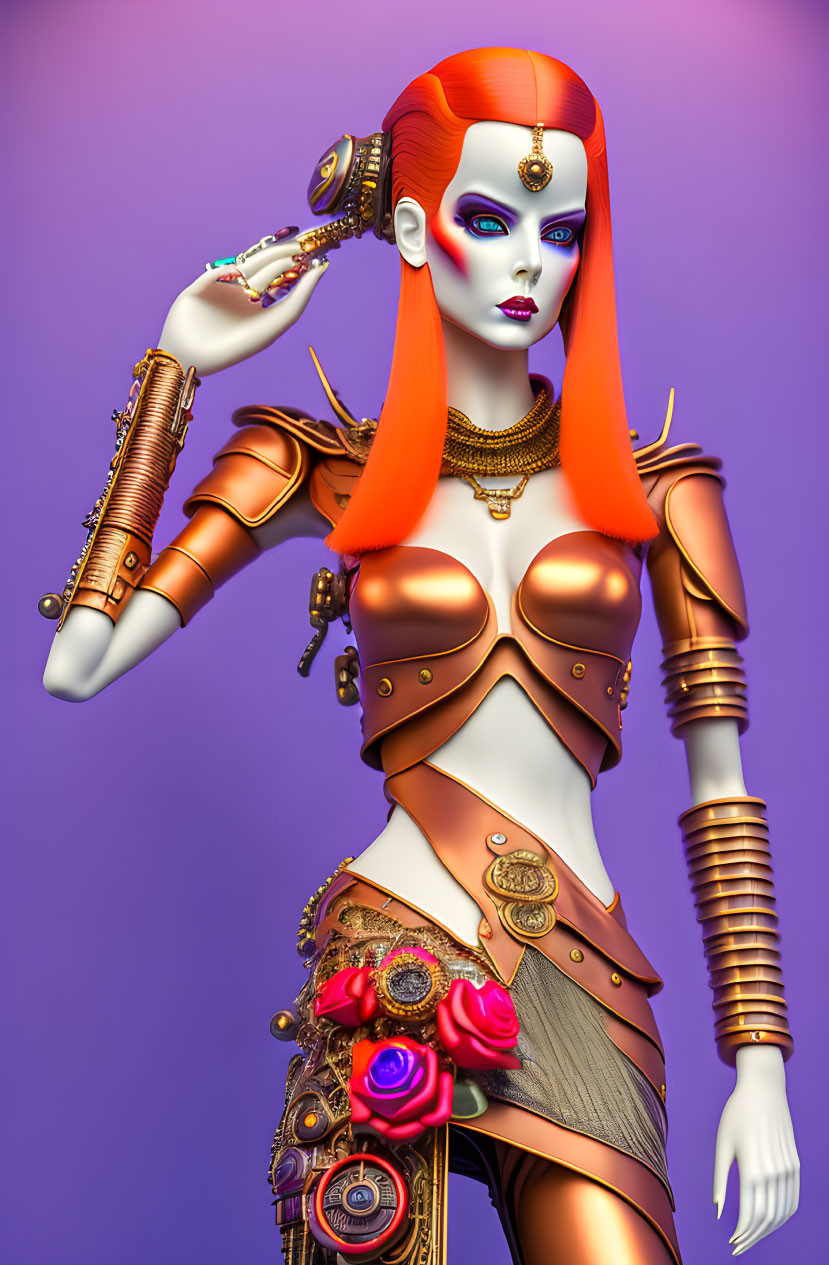 Futuristic female robot with red hair and golden armor on purple background