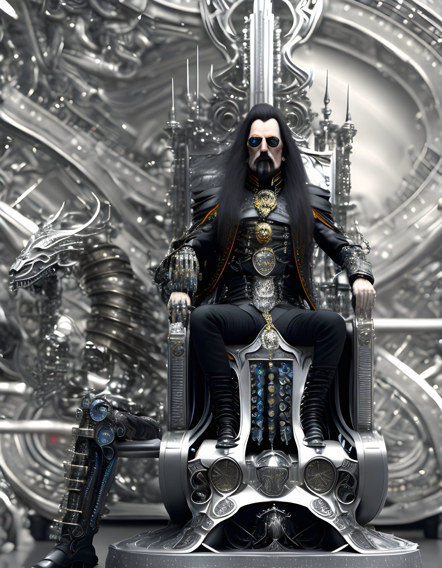 Regal figure with long black hair on silver throne in ornate black and gold attire