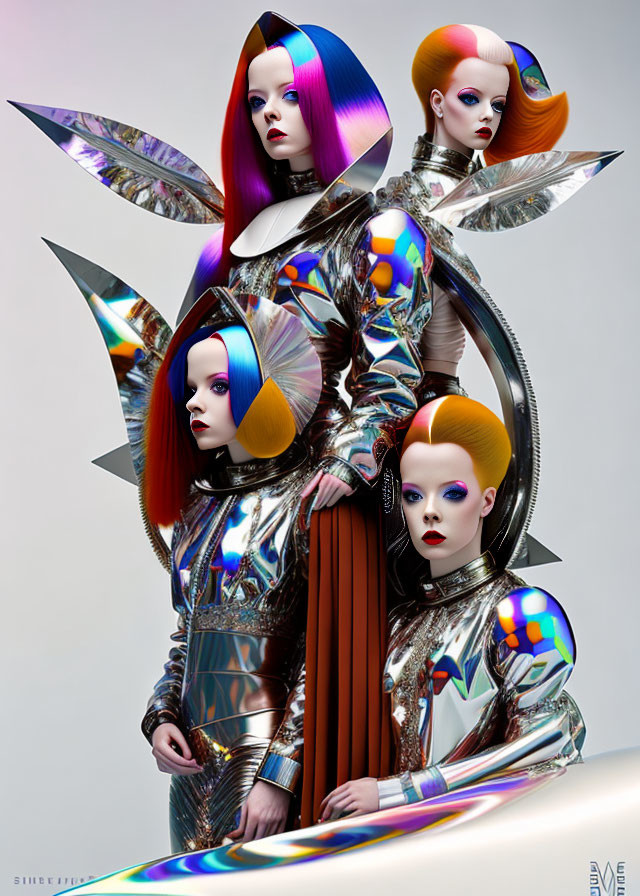 Four futuristic female figures with metallic fashion and colorful geometric hairstyles in mirrored configuration