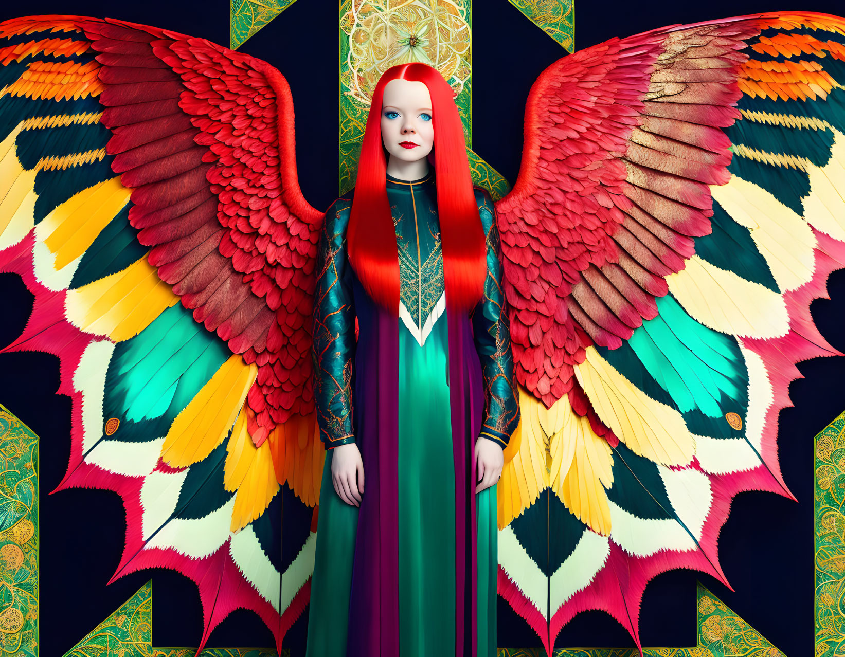 Striking Red-Haired Woman with Multicolored Angel Wings