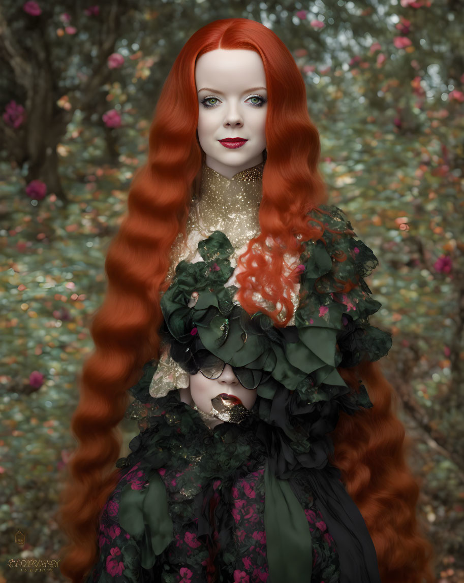Long red-haired woman in green ruffled dress among blooming trees