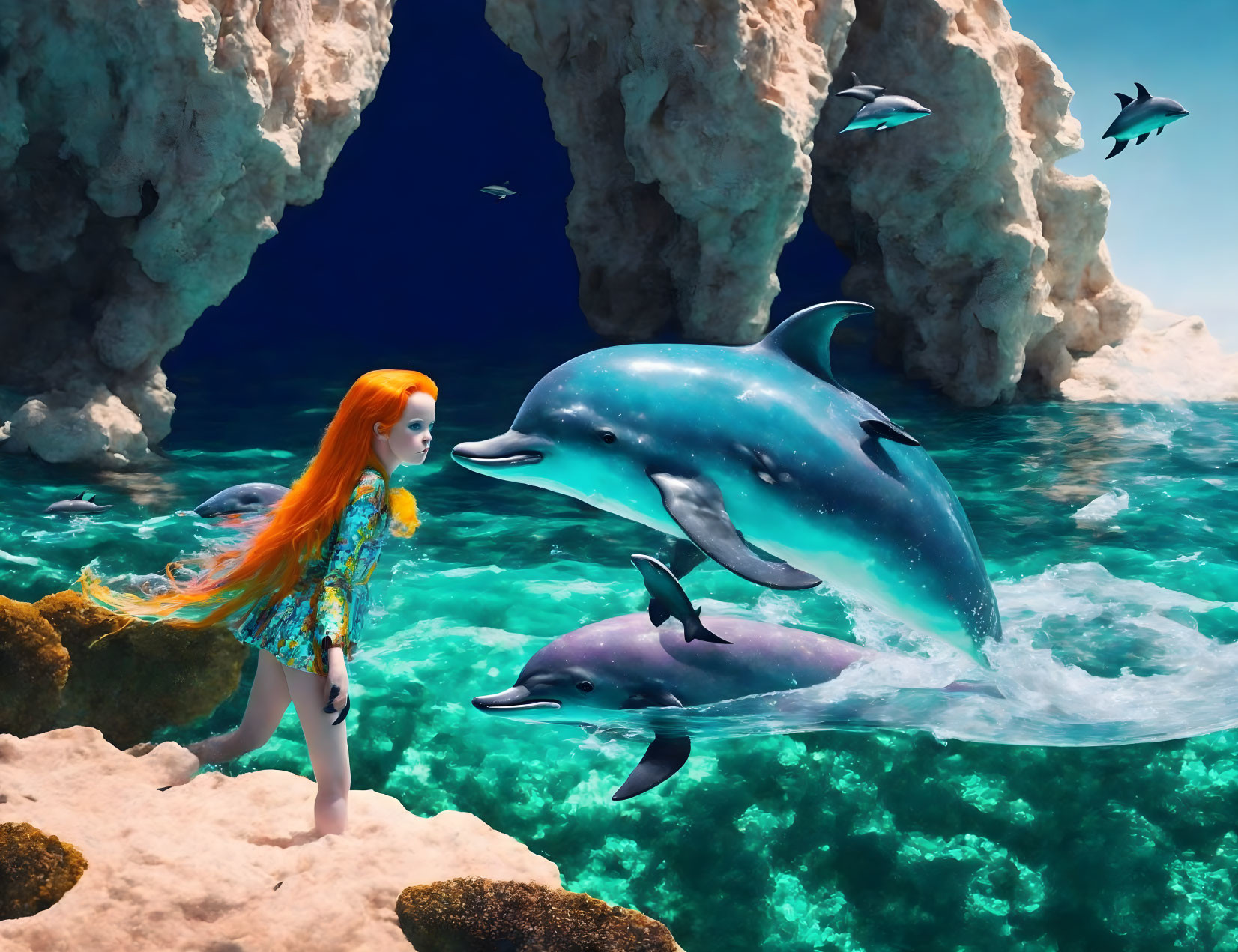 Red-Haired Girl in Blue Dress with Playful Dolphins in Water