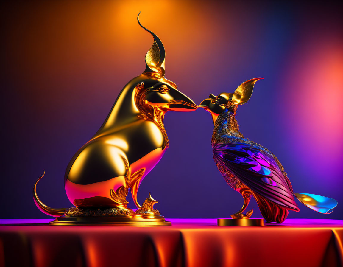 Golden Egyptian God Sculpture and Colorful Peacock Art Merge in Vibrant Background