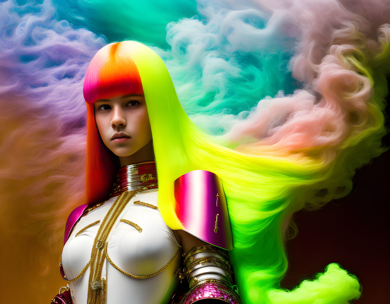 Multicolored hair and futuristic armor against swirling colorful backdrop