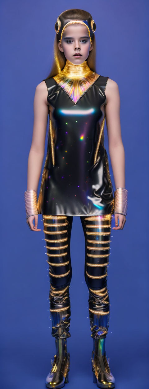 Futuristic woman in black and gold attire on blue backdrop