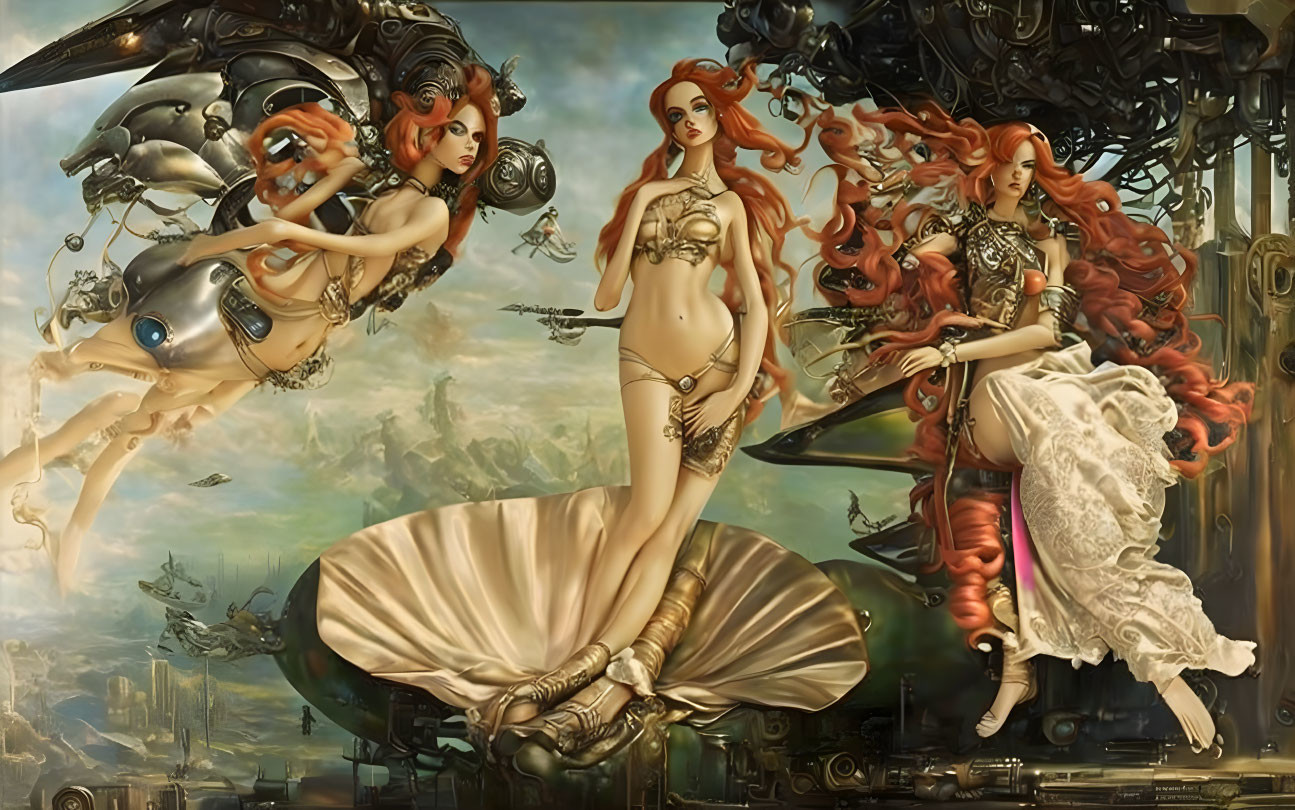 Fantasy robotic mermaids with red hair in steampunk underwater scene