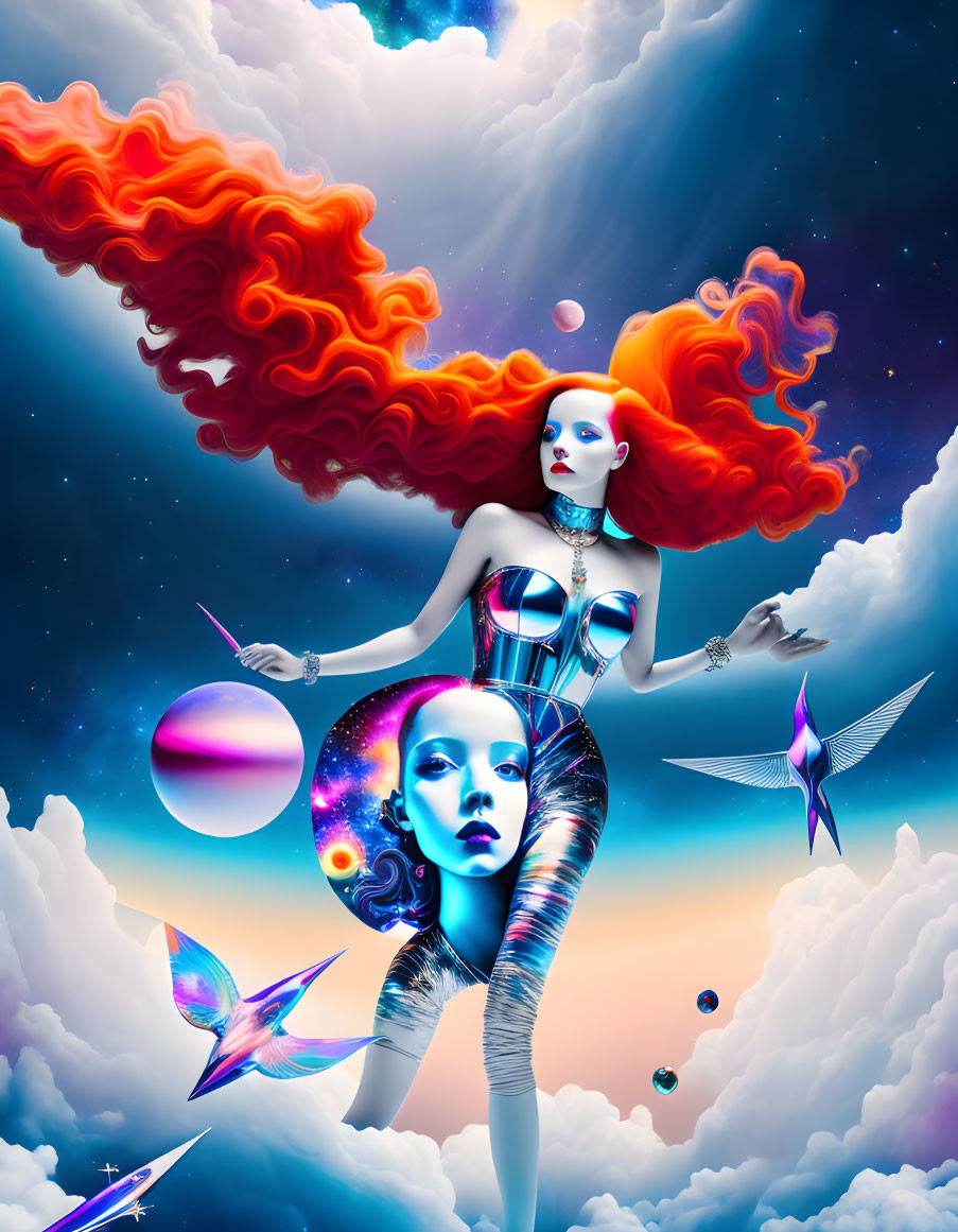 Surreal digital art: Metallic-skinned female figure with red hair in clouds with orbs and styl