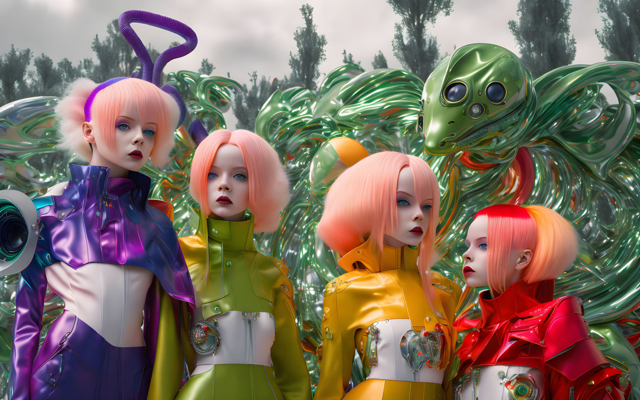 Colorful futuristic individuals in unique outfits against metallic backdrop