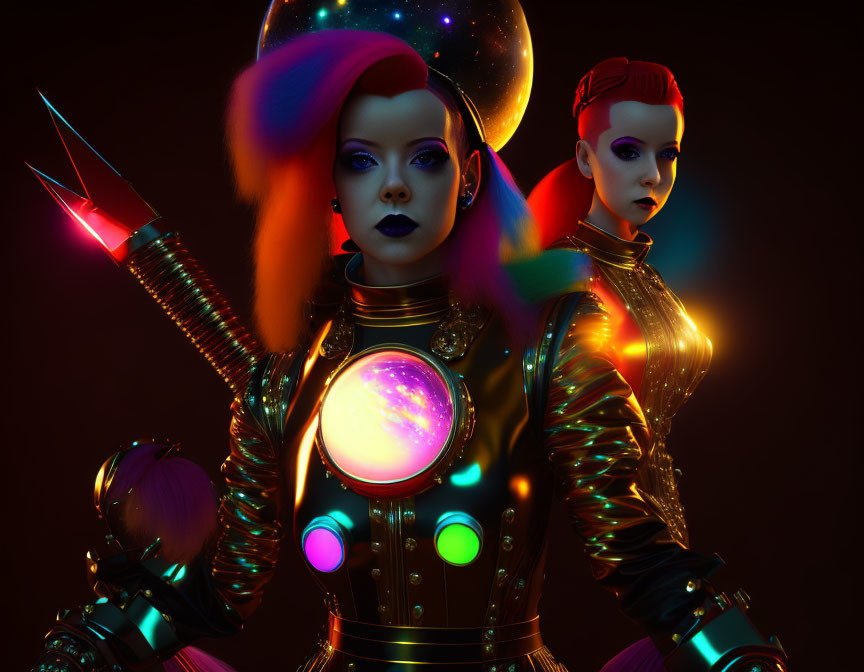Futuristic female characters with vibrant hair and high-tech armor under neon lights