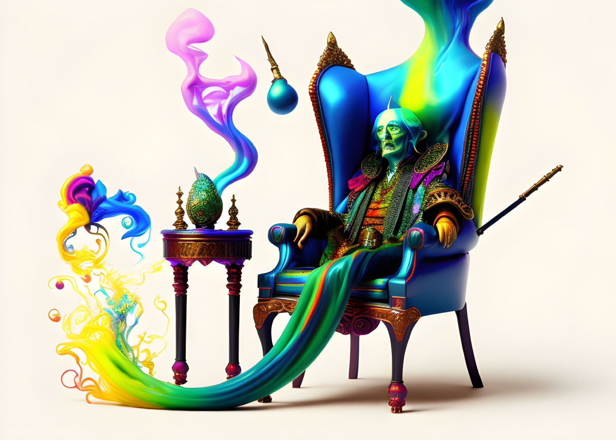 Colorful surreal image: Skeleton in regal attire on ornate chair