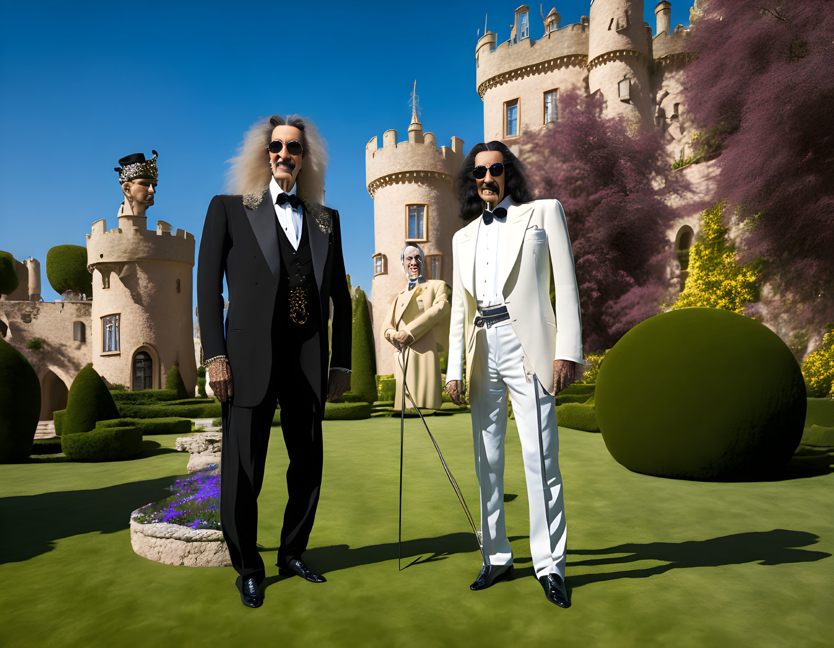 Men in stylish attire with canes at castle garden under clear blue sky.