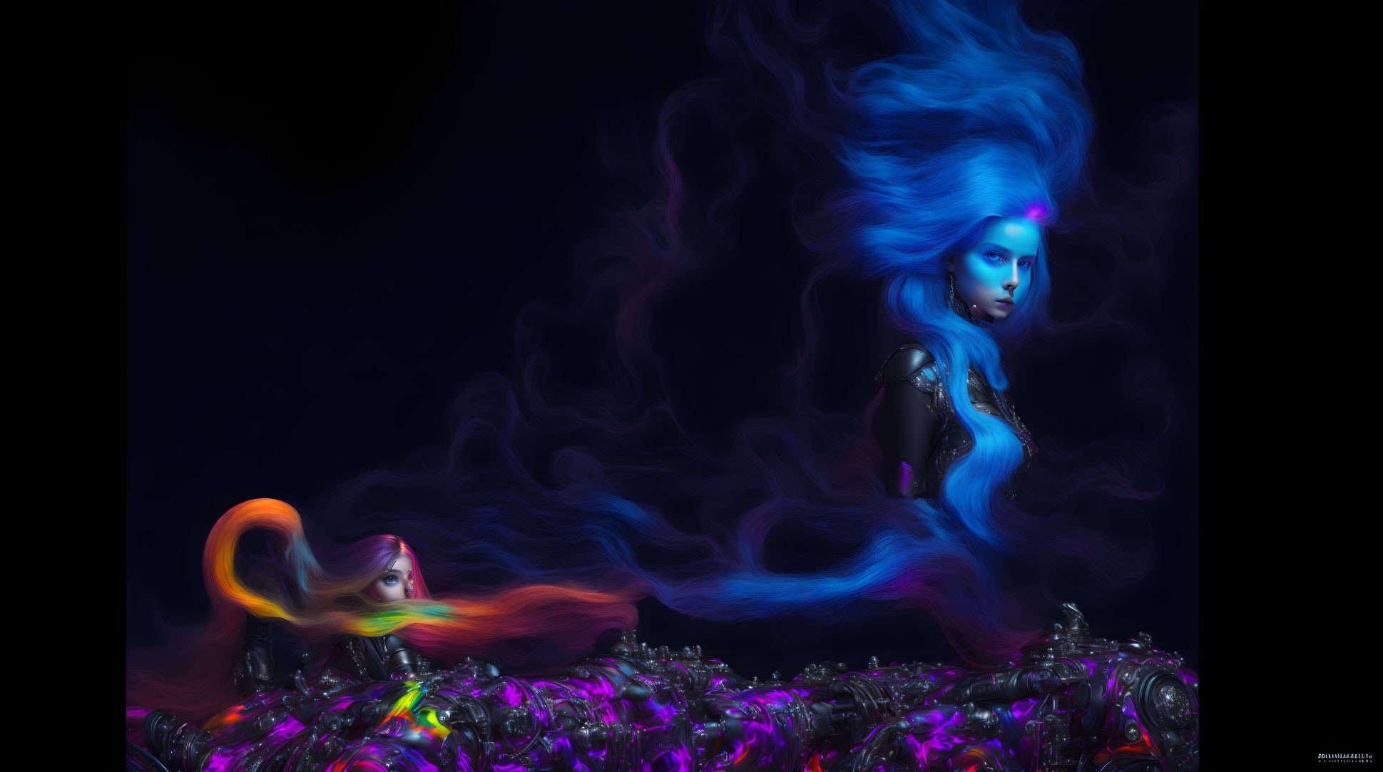 Surreal Artwork: Stylized Characters with Vibrant Hair
