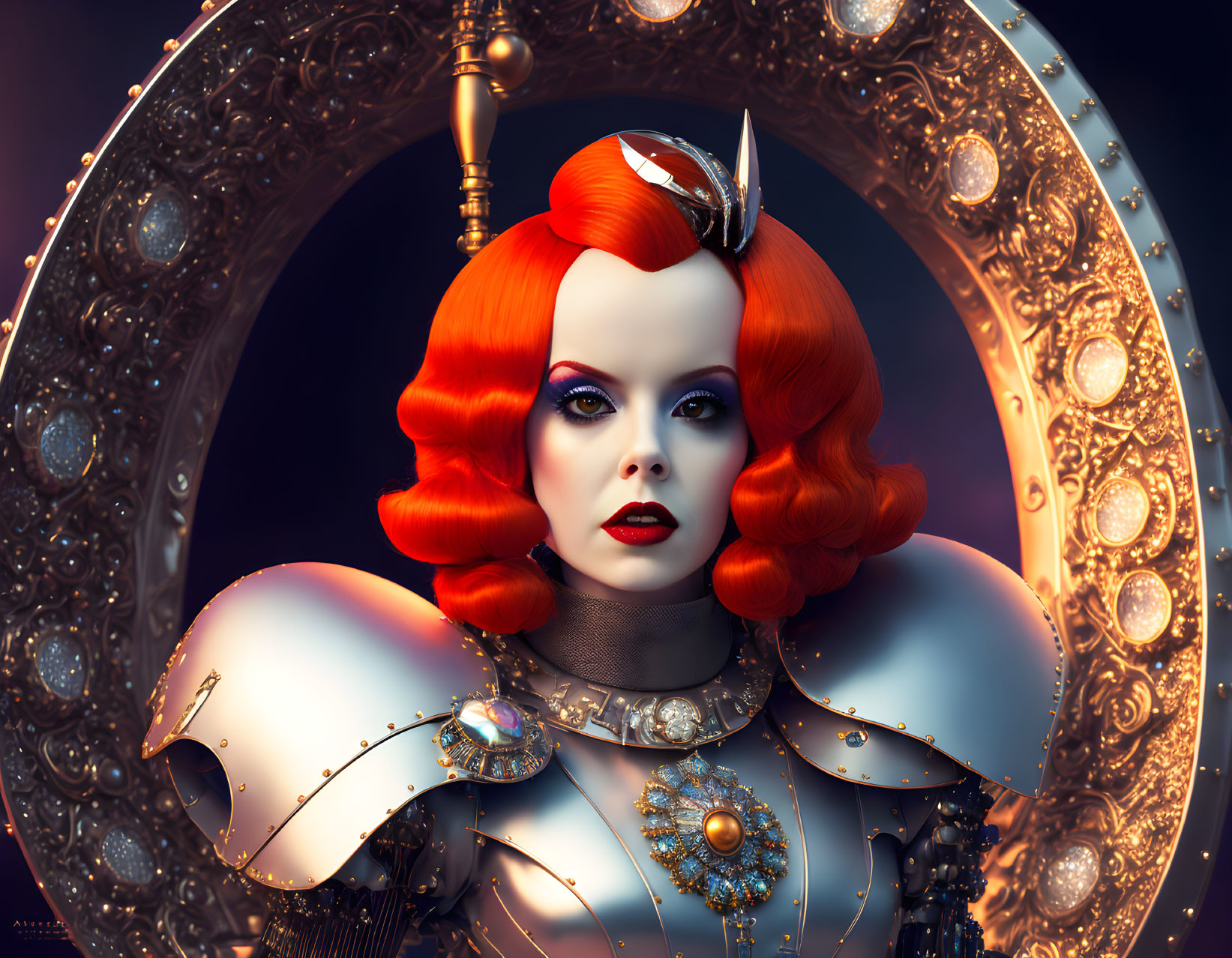 Stylized digital artwork of woman with red hair in futuristic outfit framed by ornate mirror