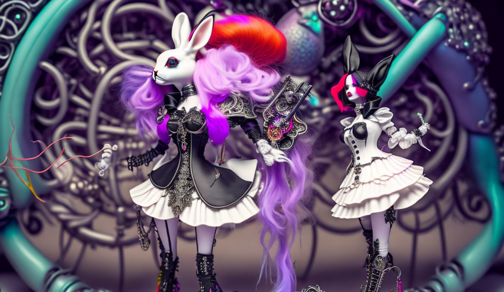 Stylized anthropomorphic rabbits in gothic attire with ornate background.