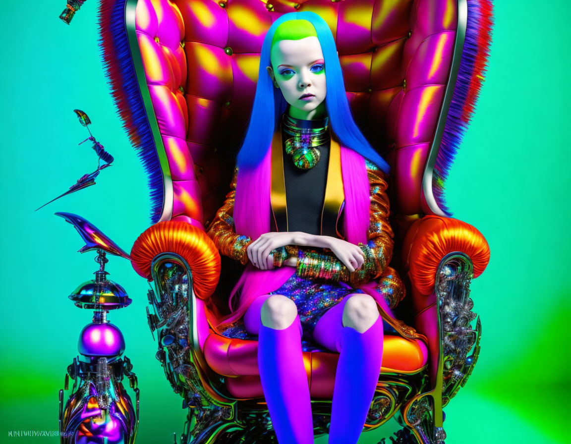 Stylized female figure with blue hair and vibrant makeup on ornate chair with futuristic spherical robot