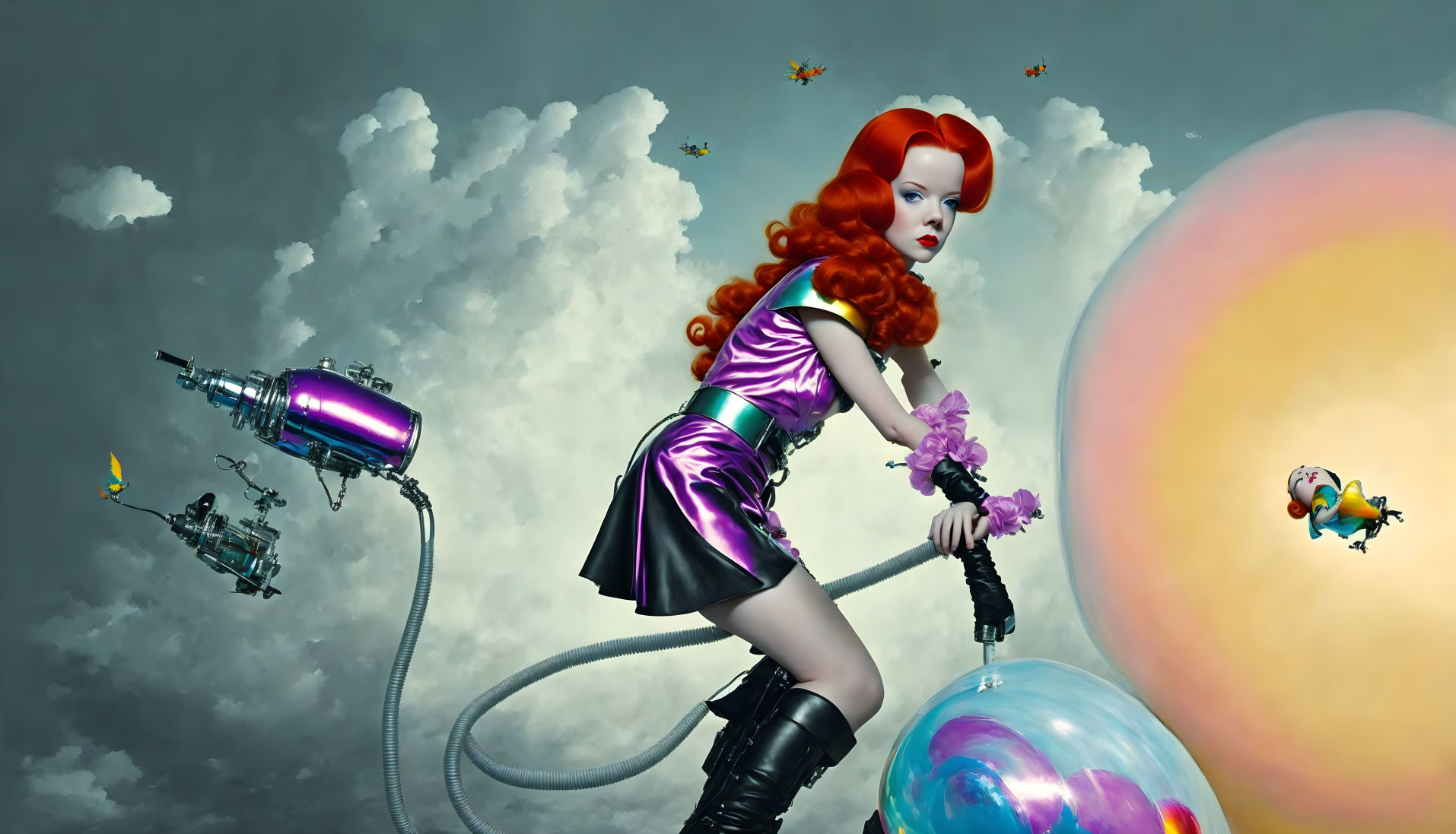 Red-haired female in metallic dress on globe with whimsical spaceships under cloudy sky