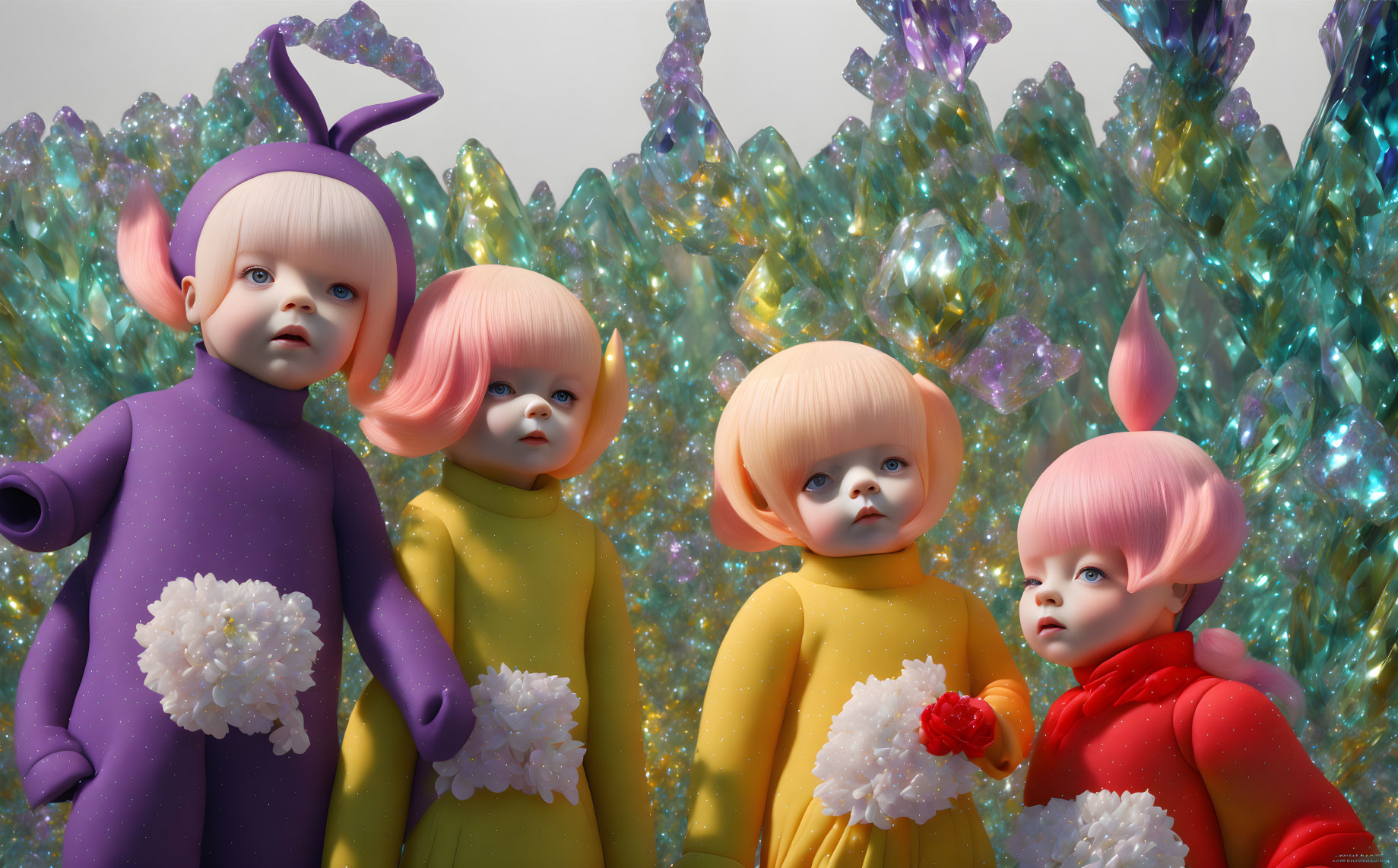 Stylized dolls with pastel hair and flower outfits on crystal backdrop