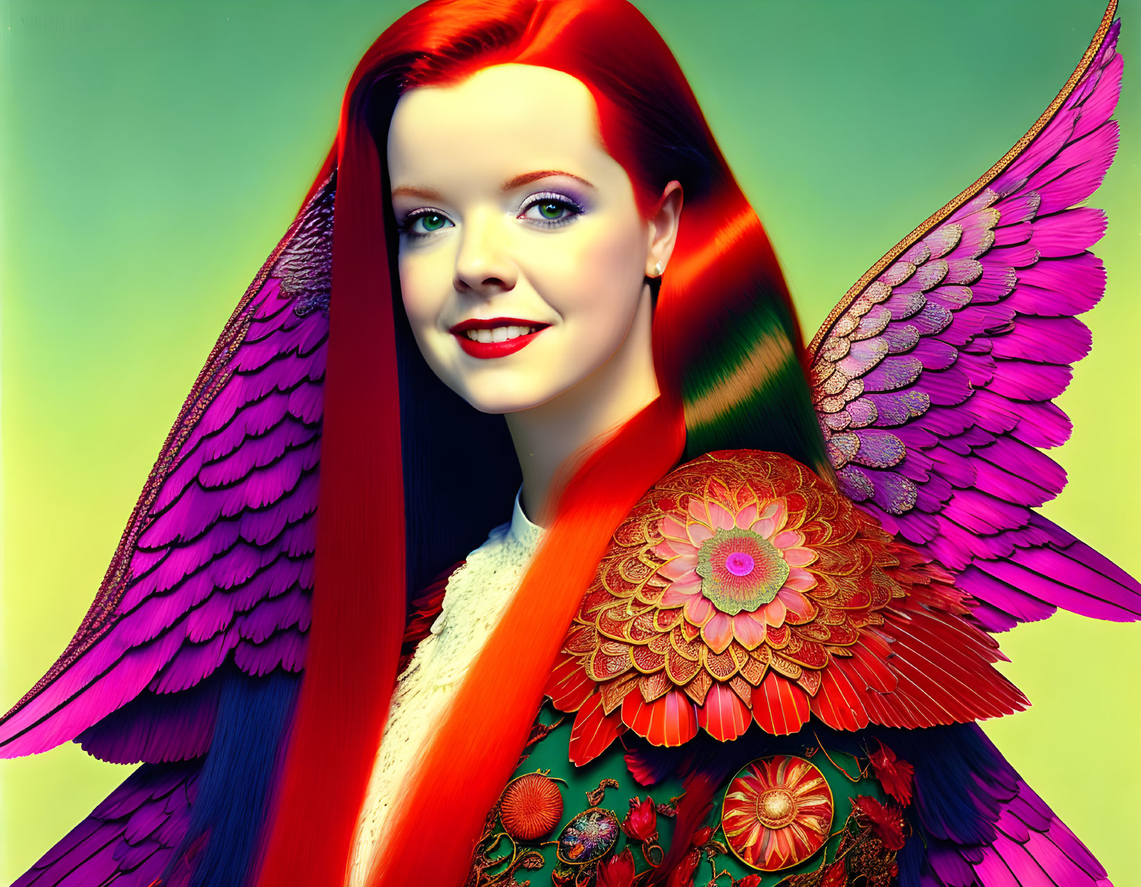 Colorful woman portrait with wings on yellow-green background