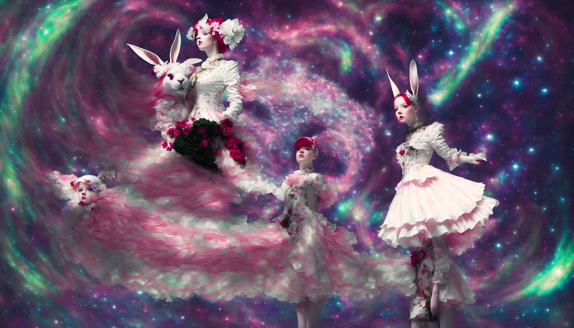 Three individuals in flamboyant costumes with rabbit ears in cosmic setting.