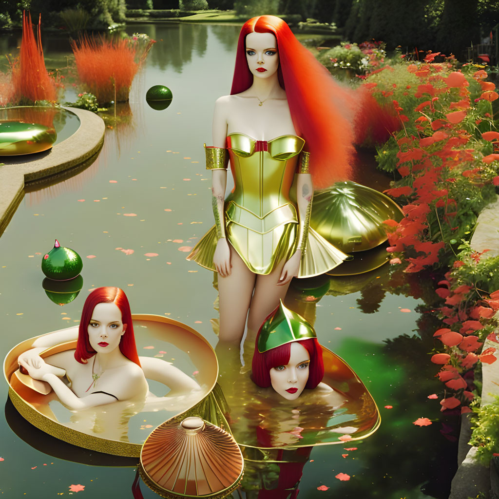 Three identical red-haired women in golden outfits by a serene pond