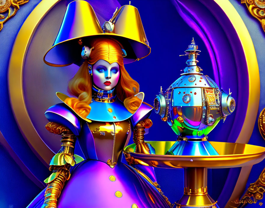 Colorful digital art: Woman in yellow hat with robot on pedestal
