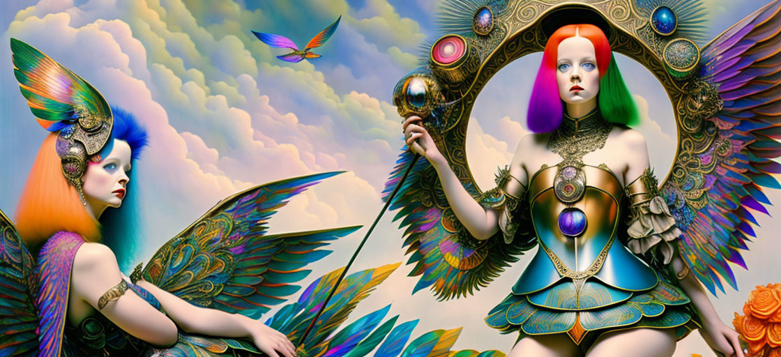 Vibrant surreal digital artwork featuring two winged women and a reflective orb in a floating sky