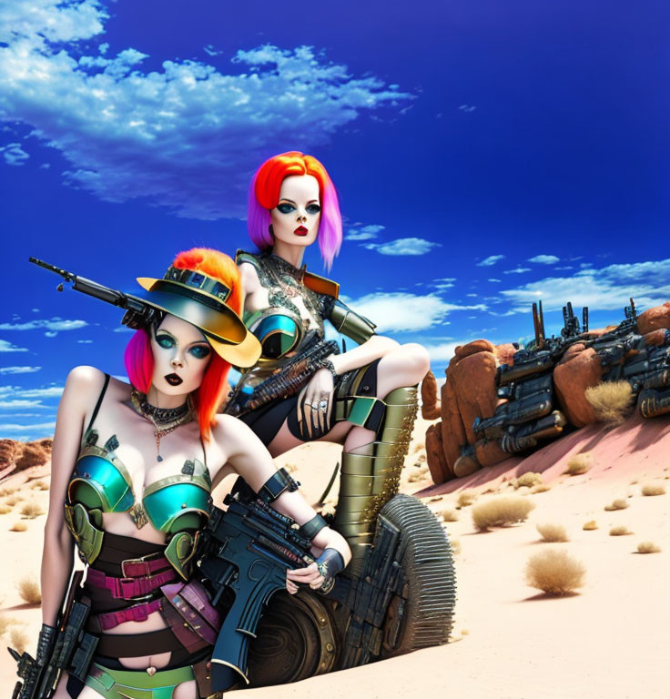 Stylized female characters with colorful hair and futuristic outfits in desert setting.