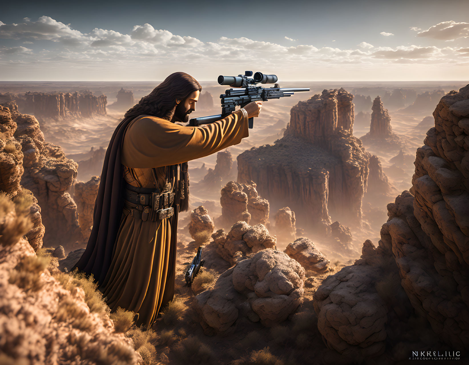 Robed figure with scoped rifle aiming in desert canyon