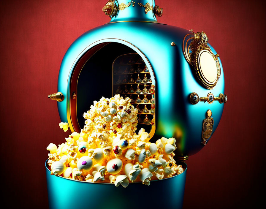 Turquoise and Gold Retro-Futuristic Popcorn Machine on Red Background