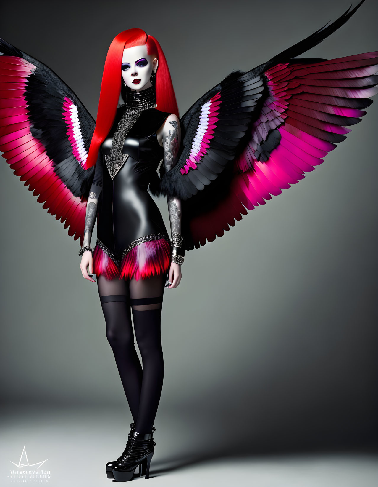 Woman with Red and Black Hair and Bird Wings in Dark Outfit