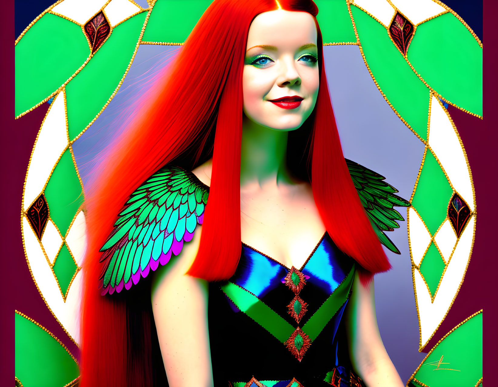 Digital artwork: Woman with red hair and iridescent wings on geometric background in red and green.