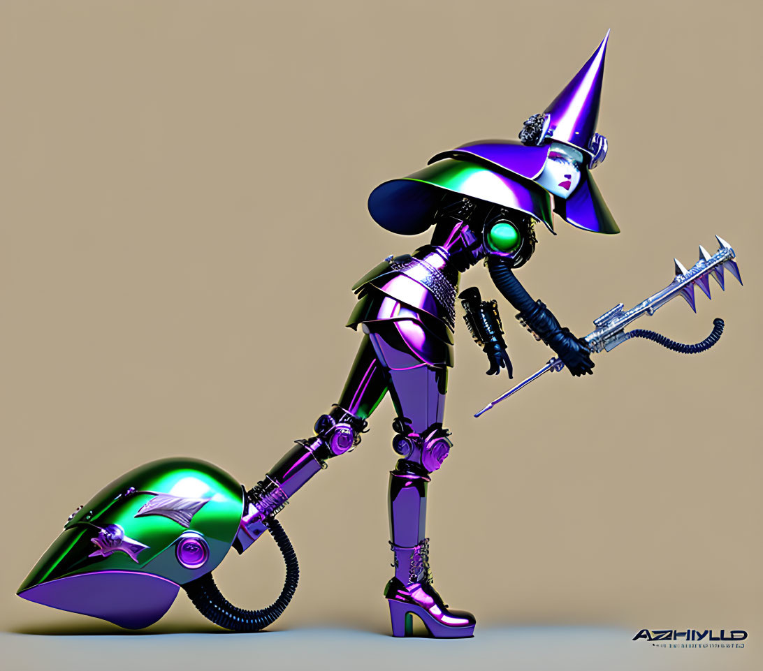 Futuristic purple-armored robot with witch hat and broom on tan background