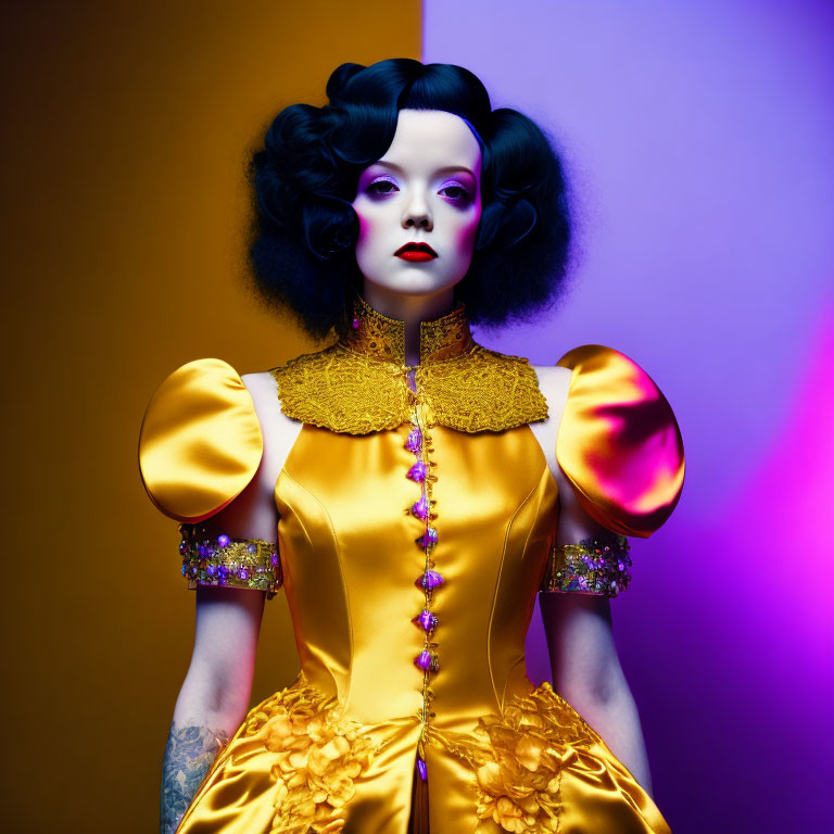 Vintage mannequin in yellow dress on purple backdrop