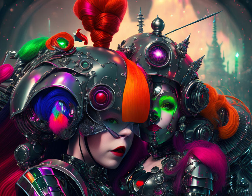 Colorful futuristic female cyborgs with intricate mechanical details in neon-lit scene