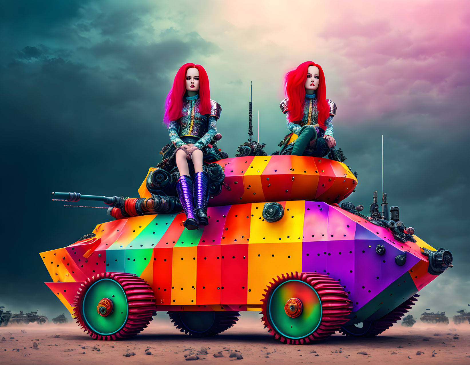 Two Women with Bright Pink Hair on Colorful Armored Tank under Dramatic Sky