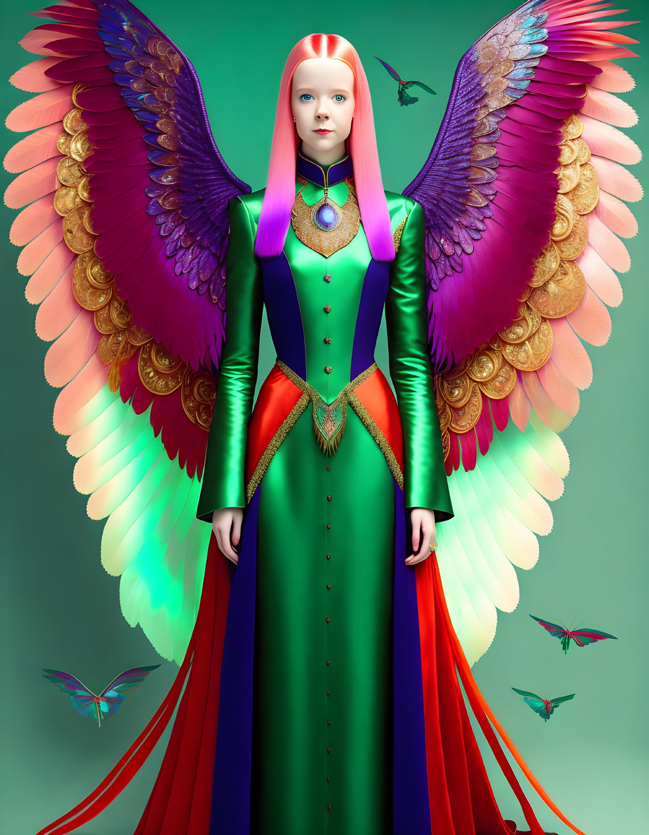 Vibrant illustration of a woman with colorful wings and ornate dress