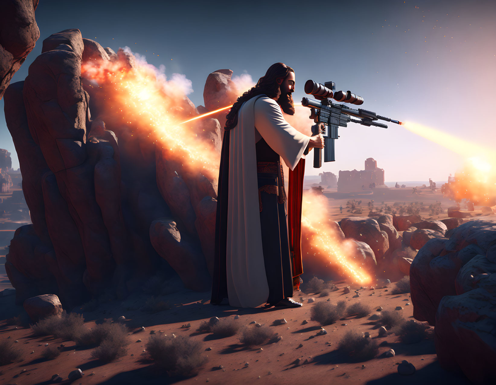 Bearded figure in robe fires sci-fi sniper rifle in desert