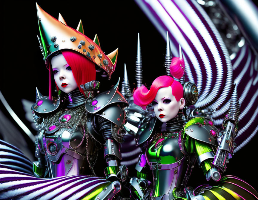 Futuristic female figures in metallic armor with pink hair on swirling background
