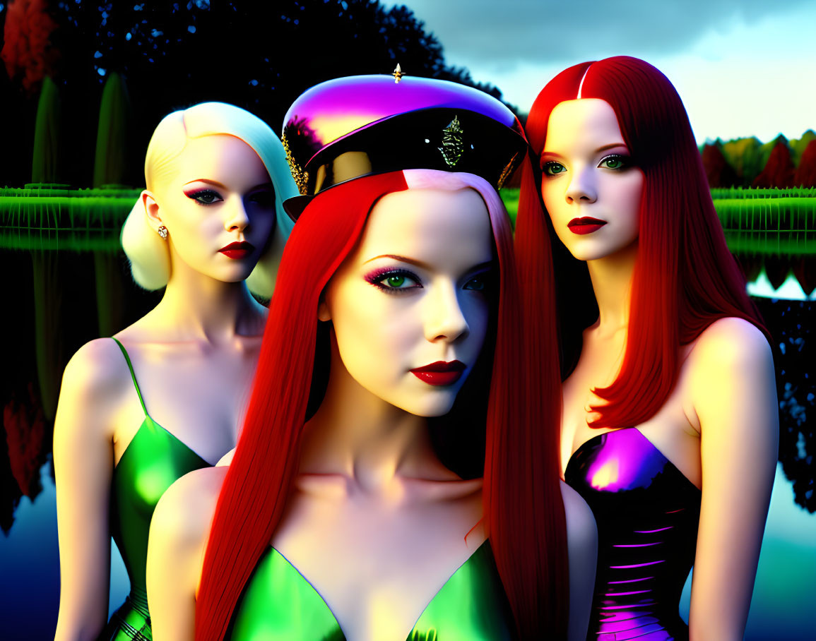 Stylized female figures with red hair and unique outfits by reflective water at dusk.