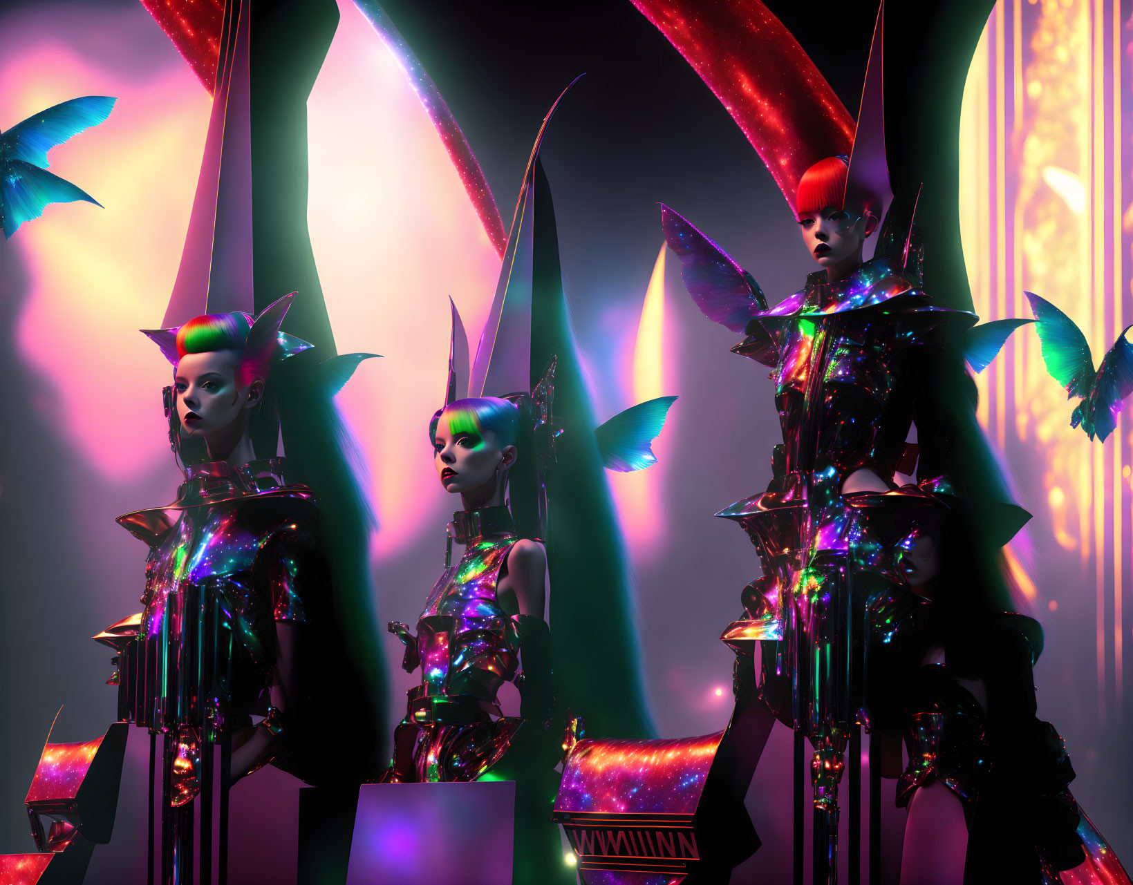 Four models in iridescent outfits and avant-garde hairstyles pose against neon lights and abstract shapes