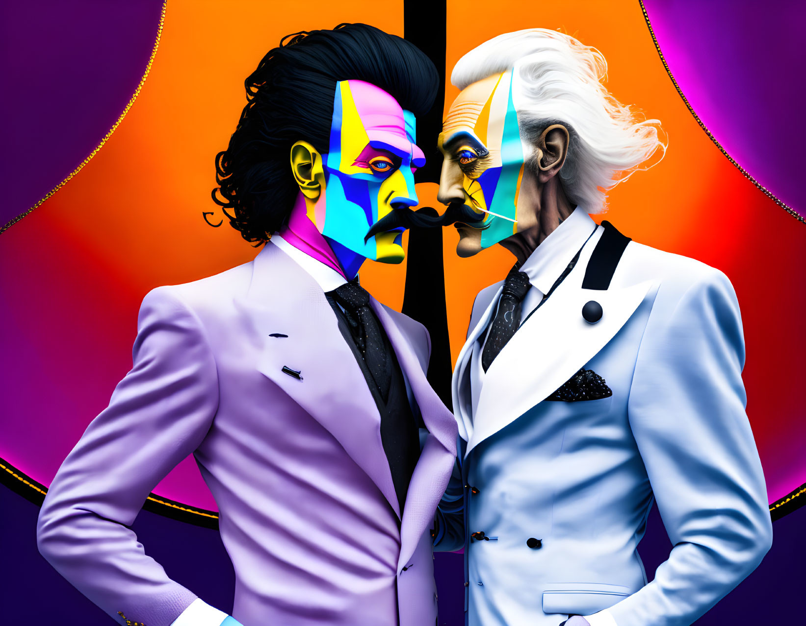 Stylized split portrait of two men in suits, one colorful geometric face, the other grayscale,