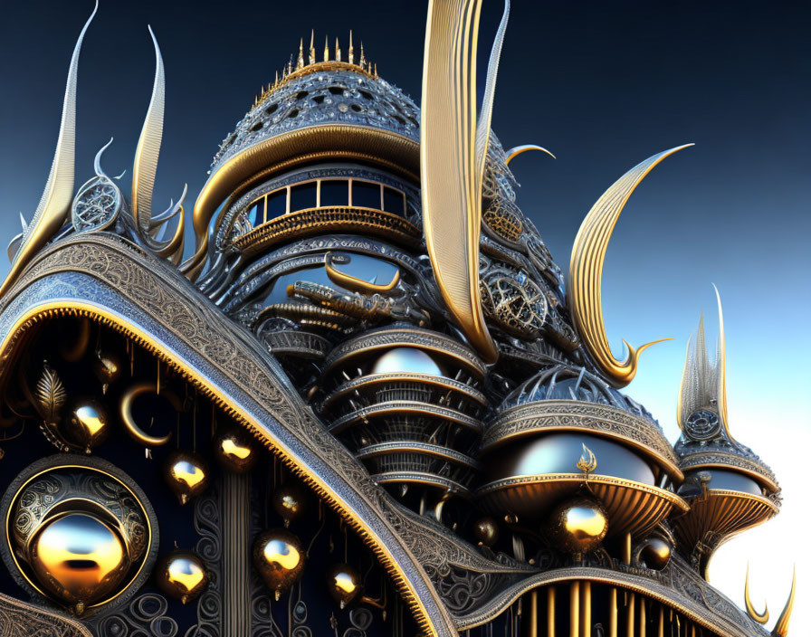 Futuristic metallic structure with gold and silver tones, spherical elements, and ornate textures against blue