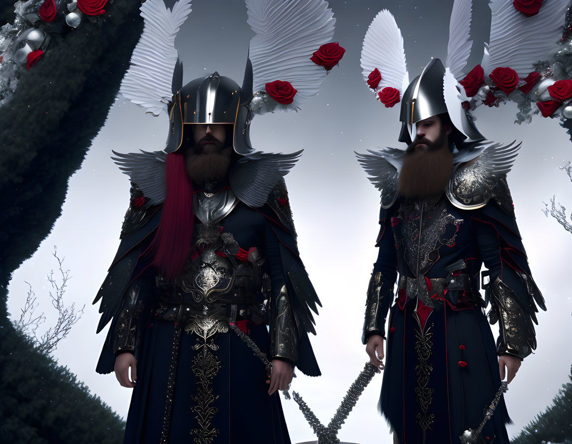 Armored men in enchanted forest with red roses and thorny vines.