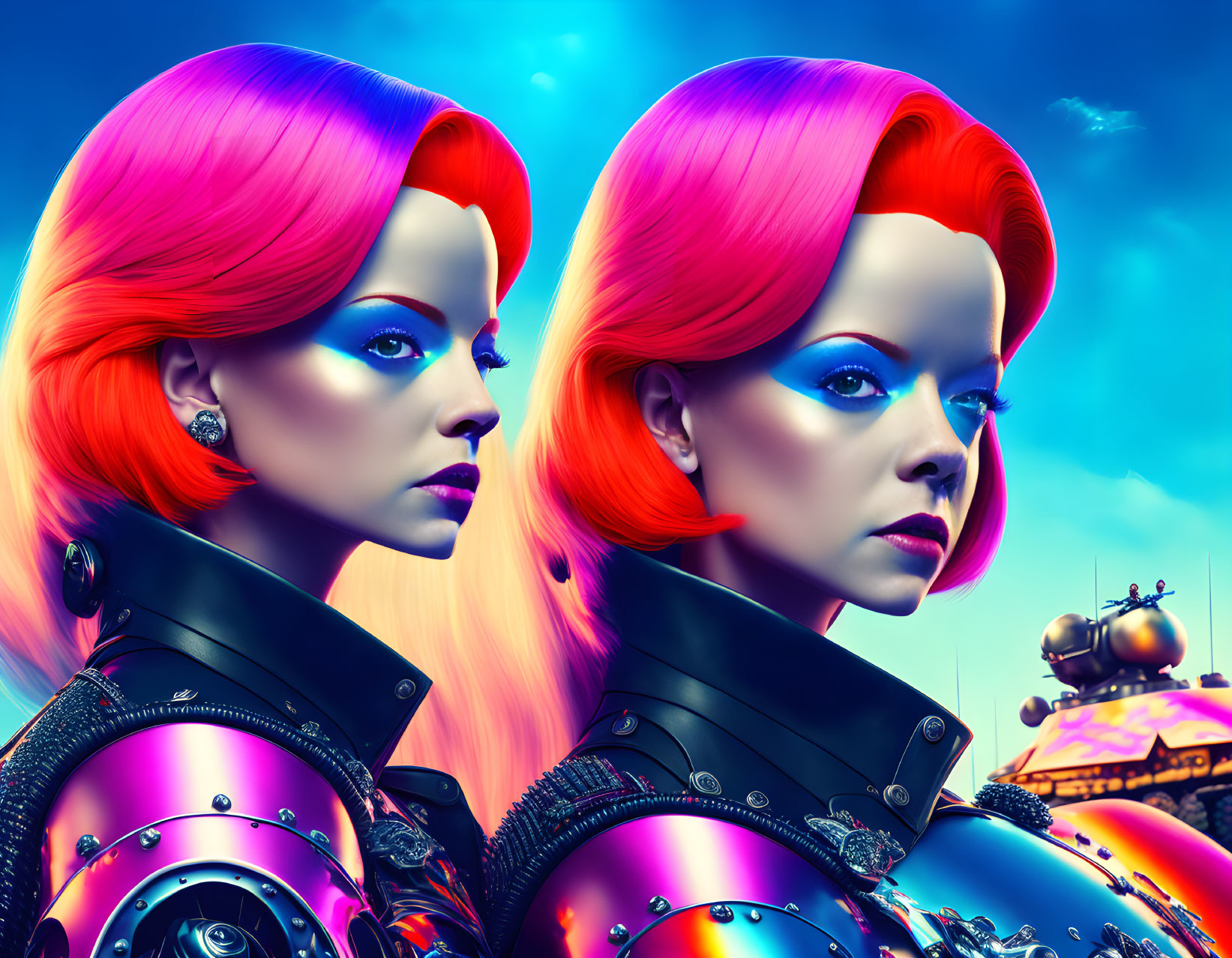 Futuristic women with colorful hairstyles in cyberpunk attire against neon-lit backdrop