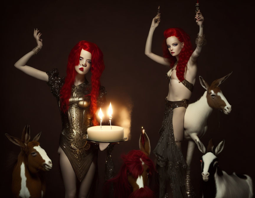 Surreal photo of two women styled as living dolls with goats on dark background