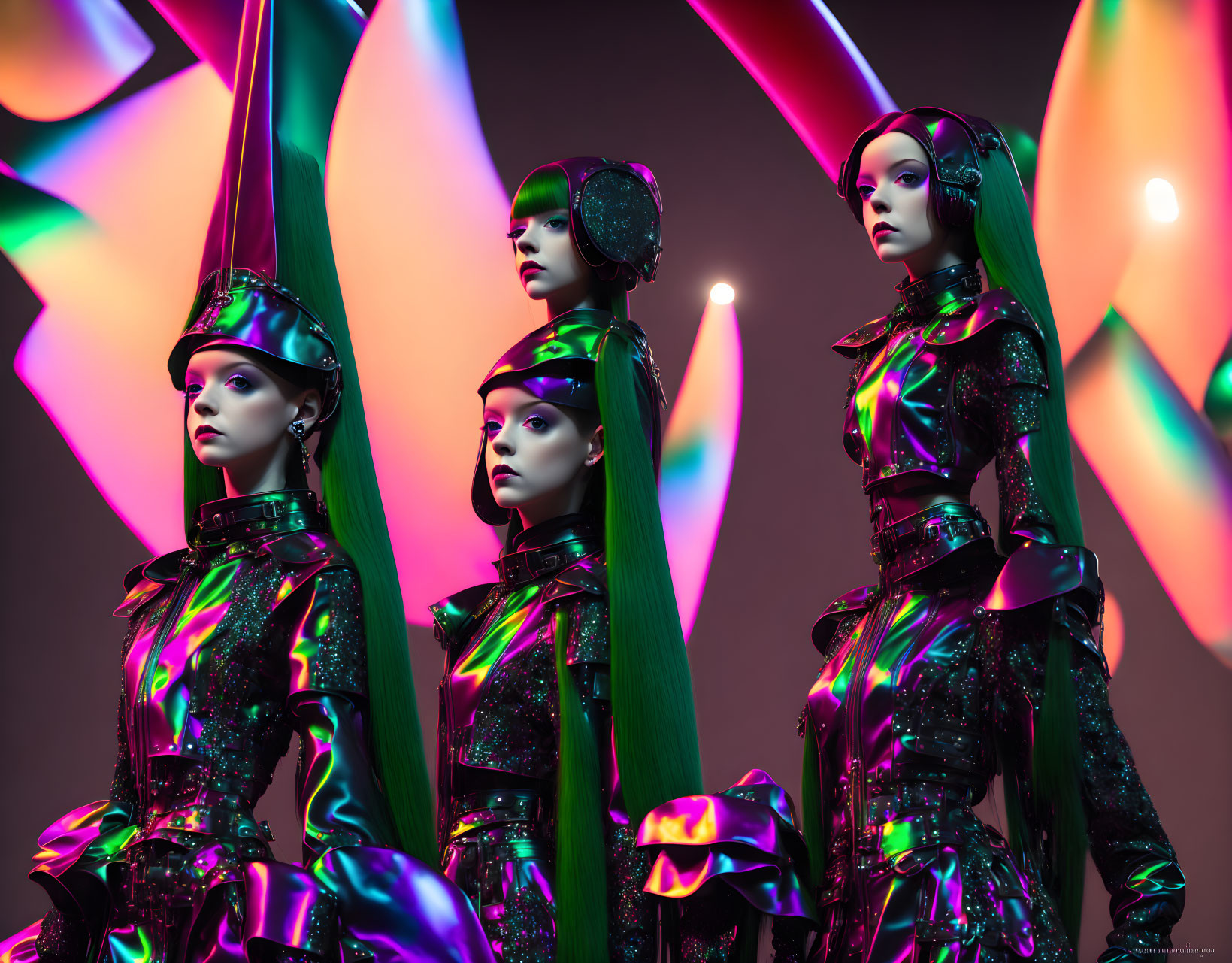 Futuristic female figures in sleek clothing with geometric headgear against vibrant neon backdrop