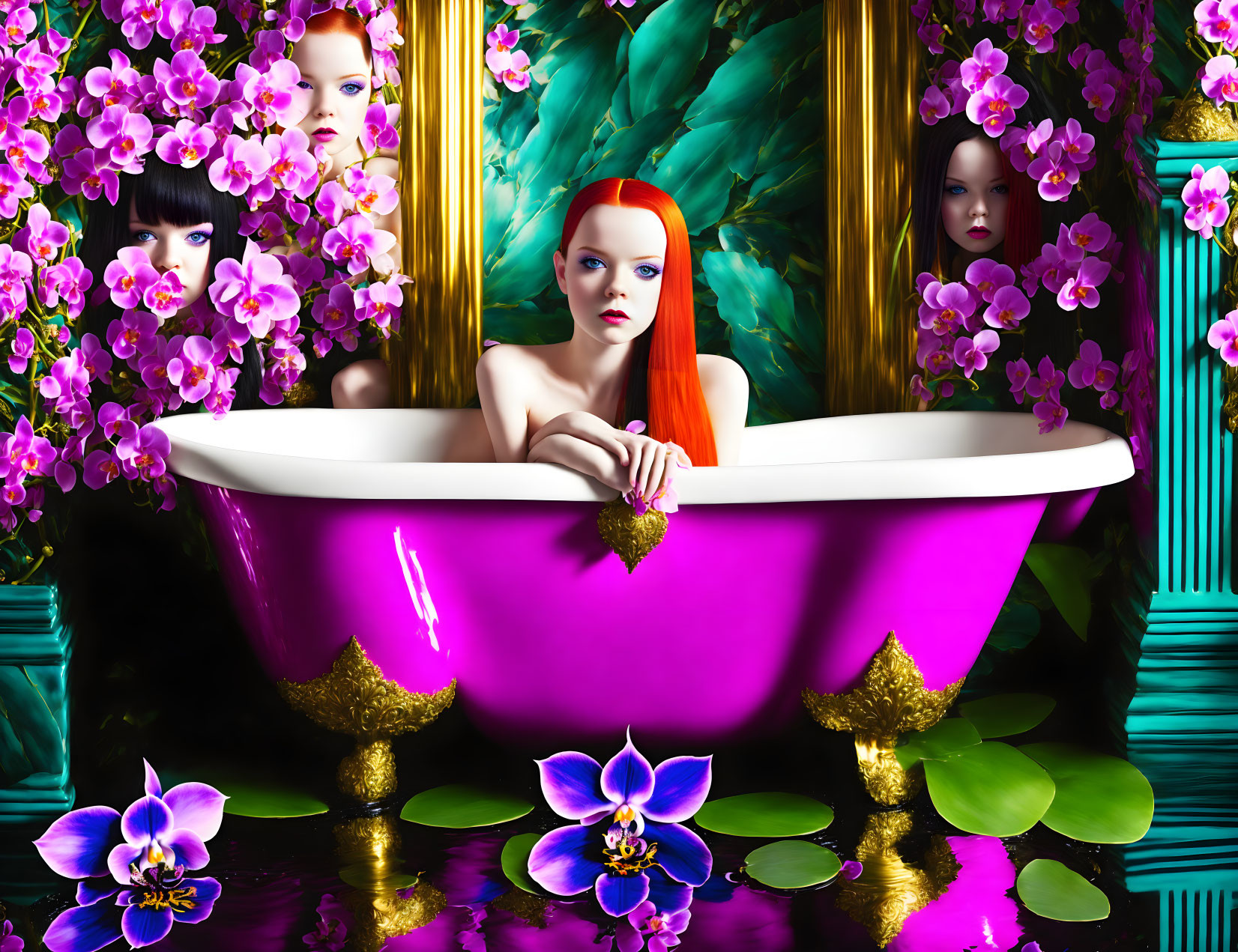 Vibrant red-haired woman in magenta clawfoot tub with purple flowers and mysterious faces.