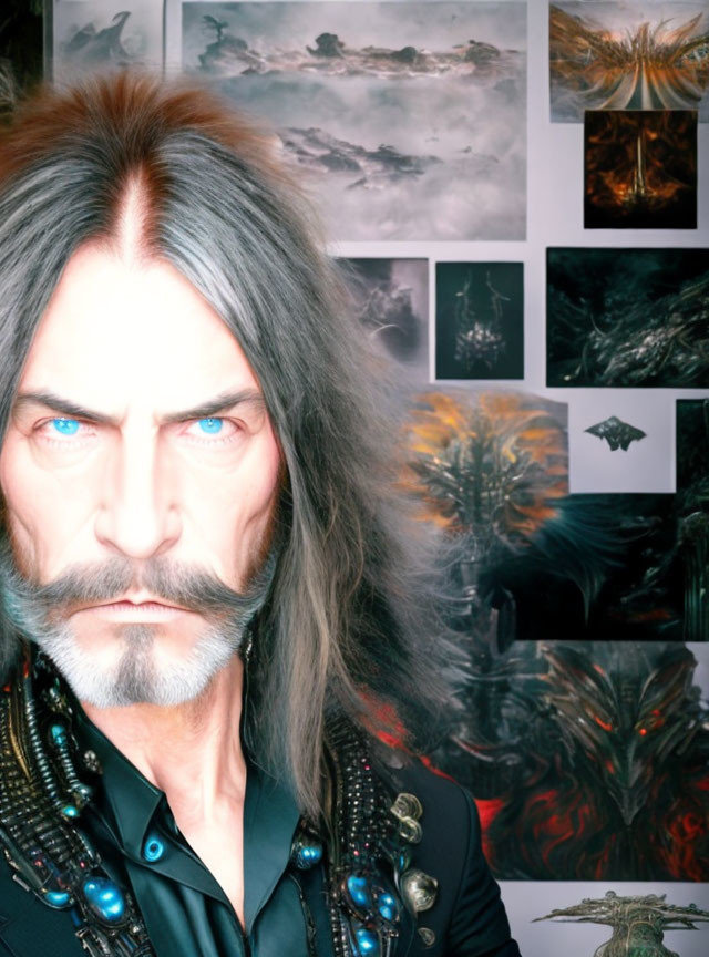 Long Gray-Haired Person with Piercing Blue Eyes Surrounded by Fantastical Artworks