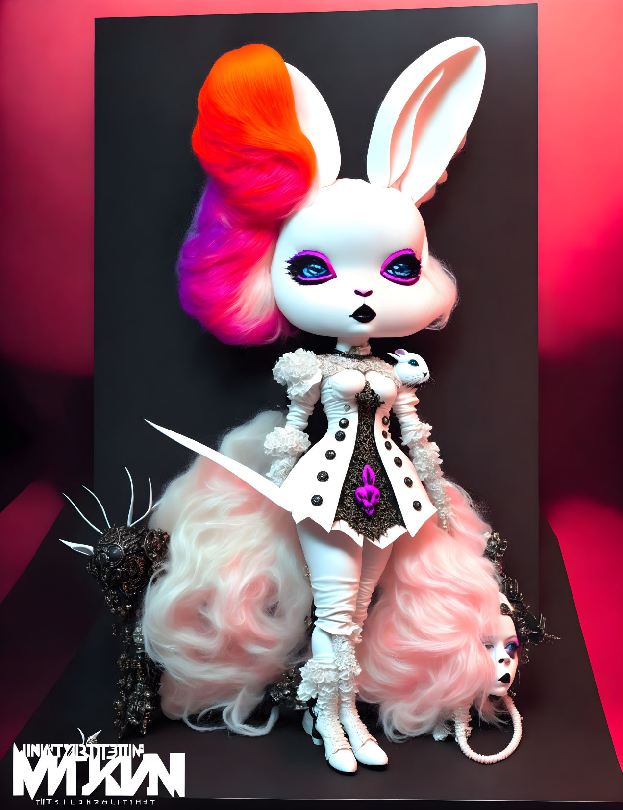 Colorful doll figure with rabbit ears in white coat holding mask